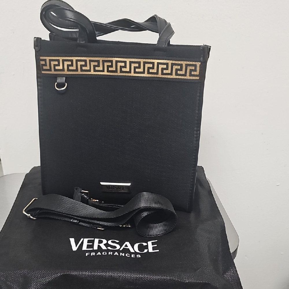 Versace Black and Gold Messenger Bag with Greek Key Trim